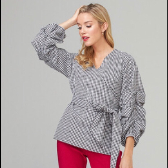 NEW Joseph Ribkoff Black/White Gingham Print Ruched Sleeve Wrap Top - Picture 3 of 12